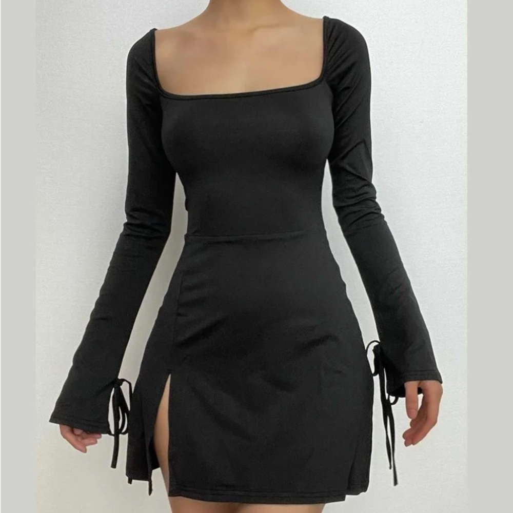 Long sleeve solid slit square neck tie mini dress- NEVER WORN